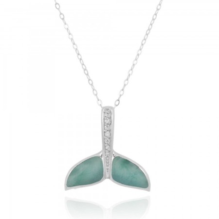 Larimar and Clear Cubic Zirconias Whale Tail Pendant - Click Image to Close